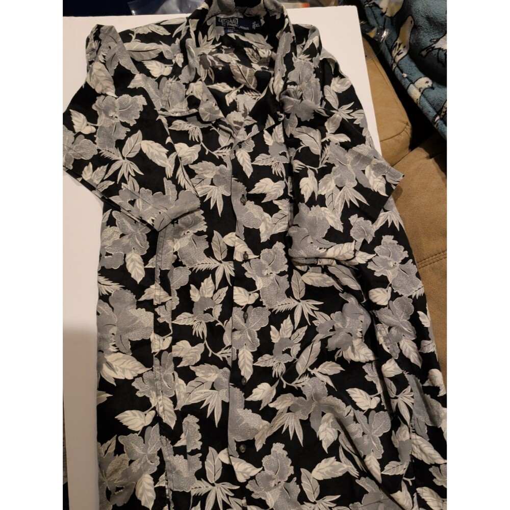VINTAGE 90s Polo Ralph Lauren Forrest Linen Camp Shirt Black/Gray Floral Sz XL